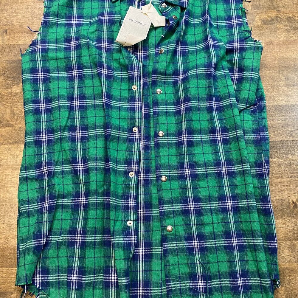 UNISEX Sleeveless Flannel Button-Up Shirt – Dark Green, Size M